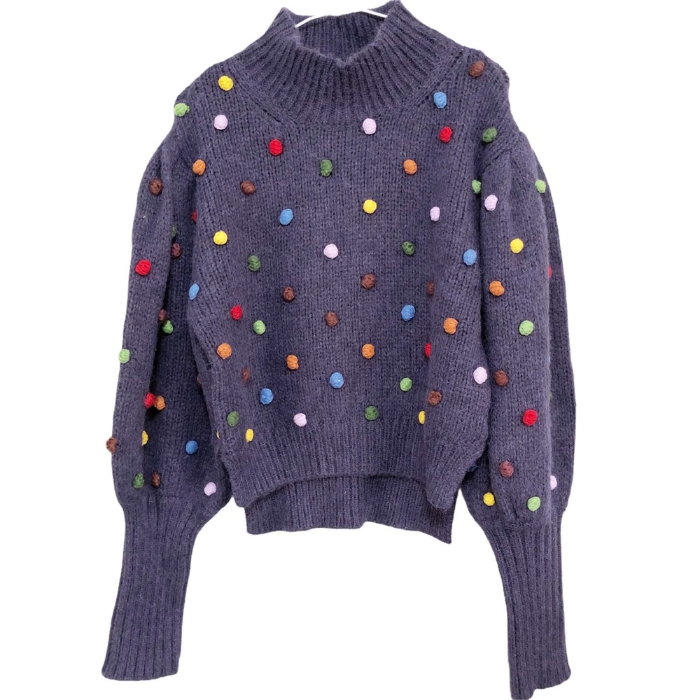 FARM Rio Purple Pom-Pom Turtleneck Sweater with Multicolor Dots